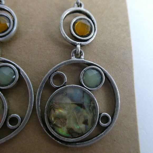 Silver Tone Abalone Shell Rhinestone Jeweled Dangle Earrings Pierced Circle - Picture 3 of 7